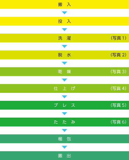 搬入>投入>洗濯>脱水>乾燥>仕上げ>プレス>たたみ>梱包>搬出